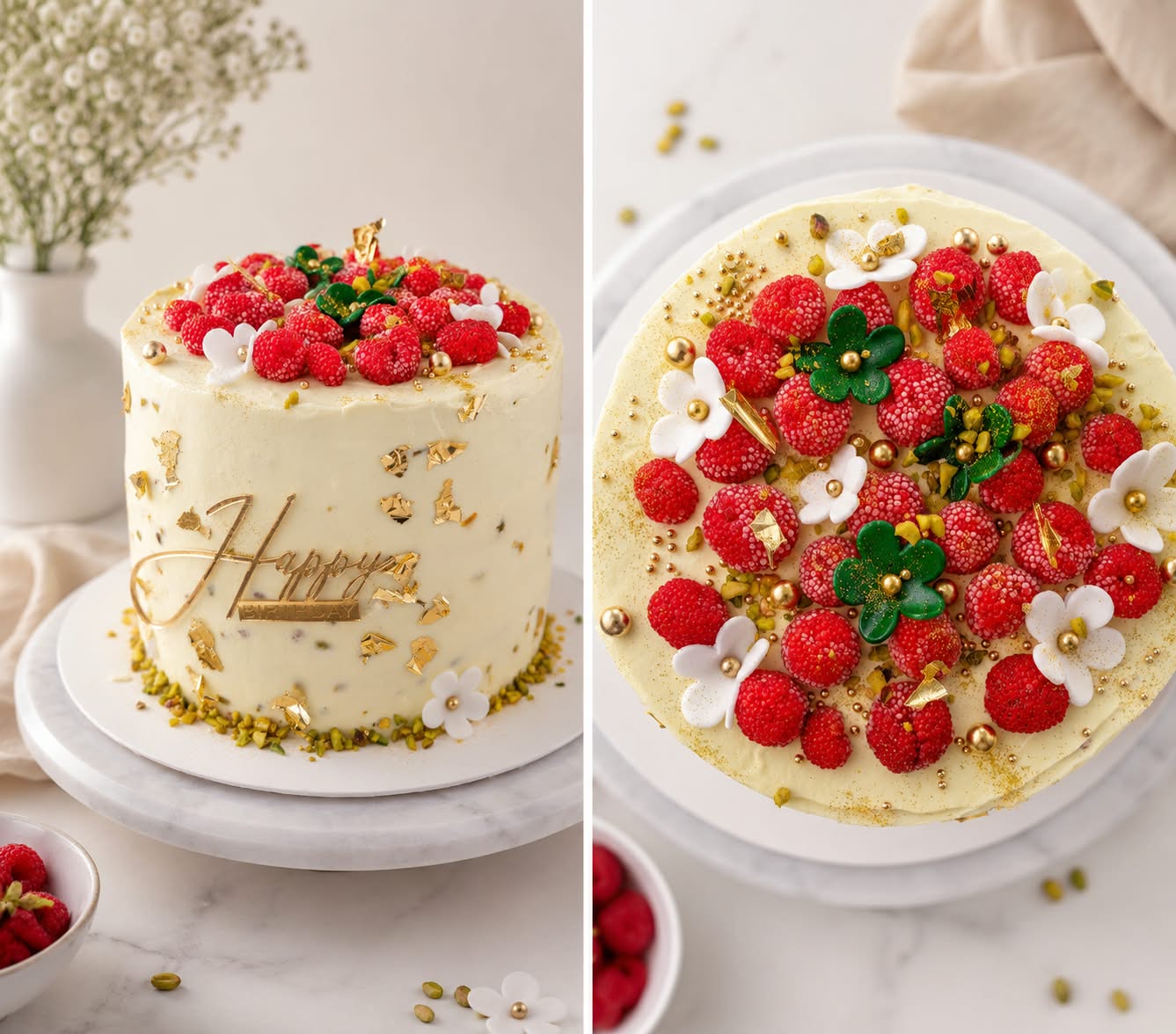 Raspberry coulis between layers, pistachio and gold birthday cake
3 layers  — 19 cm cakes by Crazy Napo
